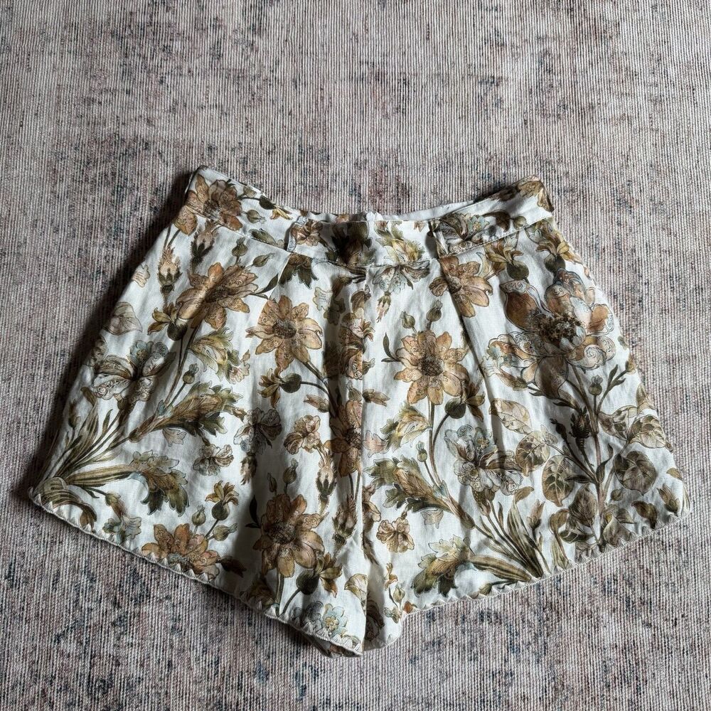 Zimmerman CHINTZ TUCK SHORT Linen Crème Floral Shorts Beige Brown (No Belt) US 8 - Picture 4 of 16